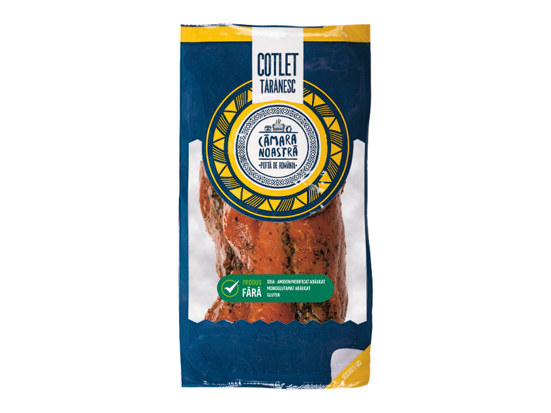 Ambalaj de carne de porc afumată cu textul „Cotlet țărănesc” și „Poftă de România”.