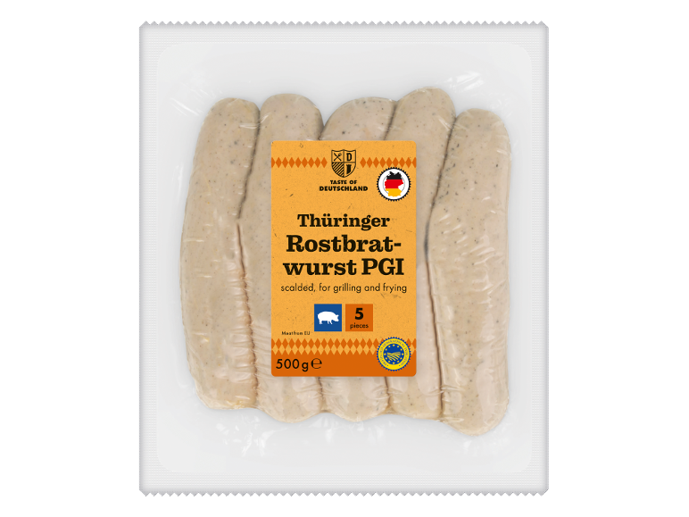 Pachet de 5 Thüringer Rostbratwurst IGP, 500g, pentru grătar și prăjit.