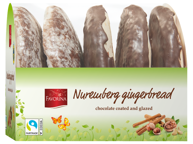 Turtă dulce de Nürnberg, acoperită cu ciocolată și glazurată, cu cacao Fairtrade.