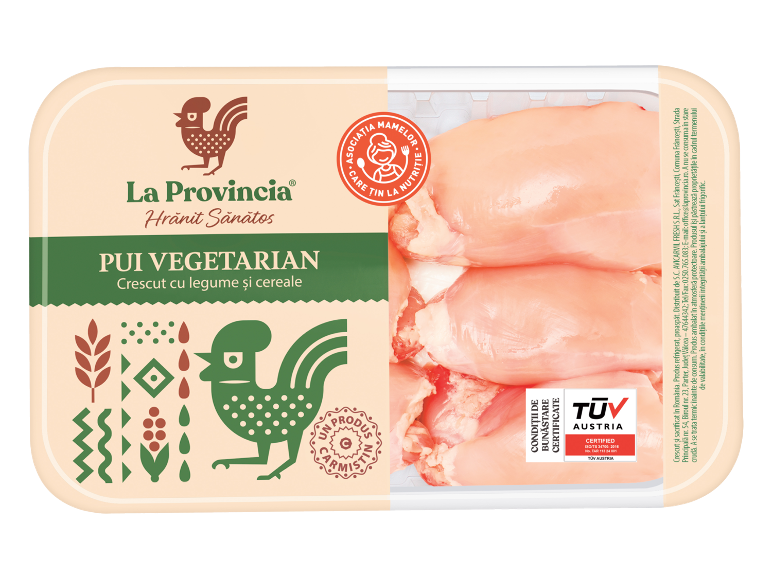 Ambalaj de pui crescut vegetarian cu text și ilustrații.
