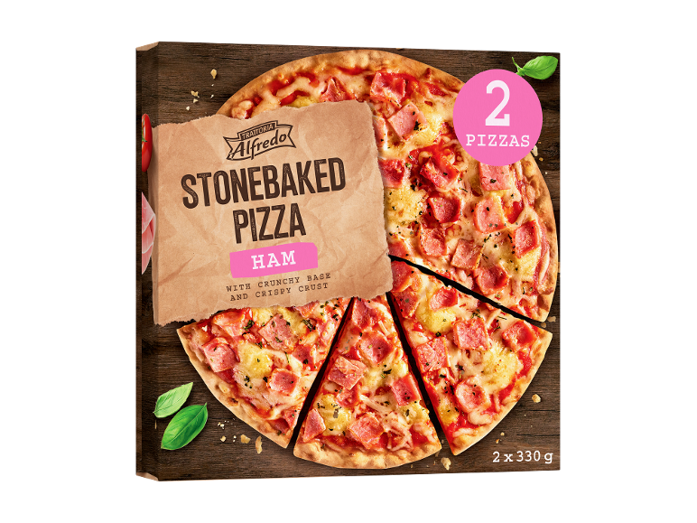 Pizza coaptă pe piatră cu șuncă, cu bază crocantă și crustă crocantă, 2 pizze de 330g.