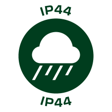 Insignă IP44 cu iconiță de nor și ploaie, indicând protecție la stropire.