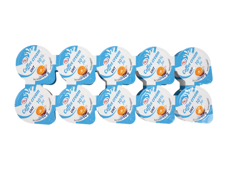 Zece cupe de 10g de smântână UHT pentru cafea cu 10% grăsime.