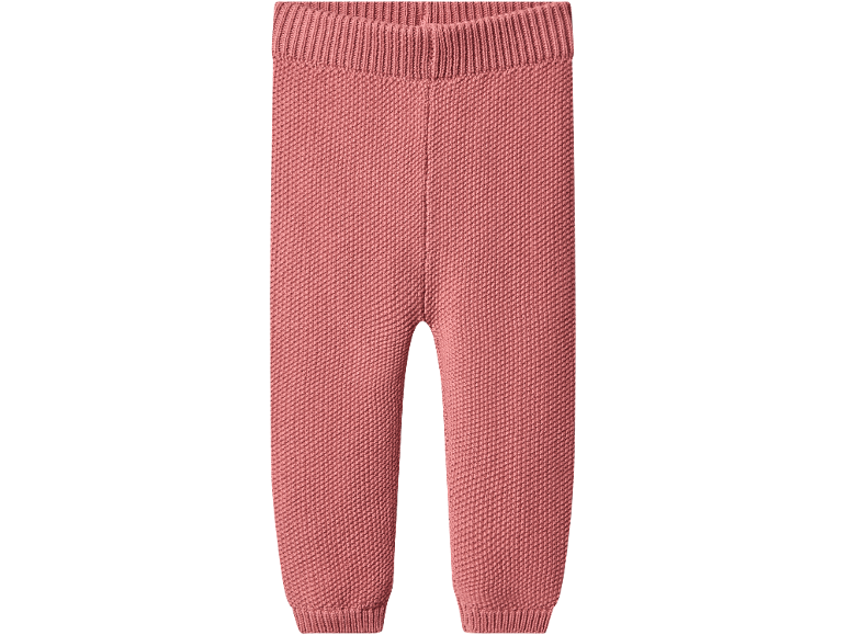 Pantaloni tricotati roz pentru bebeluși, cu talie și manșete striate.