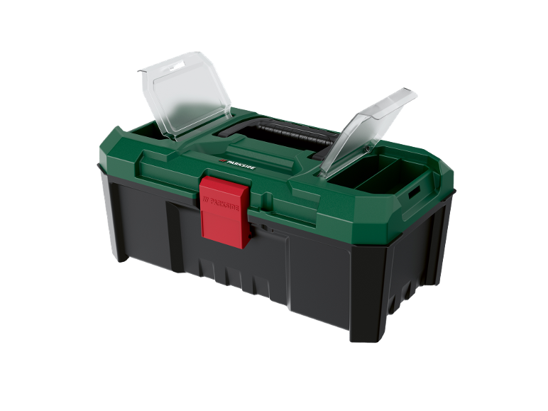 Cutie de scule verde și neagră cu capace transparente deschise
