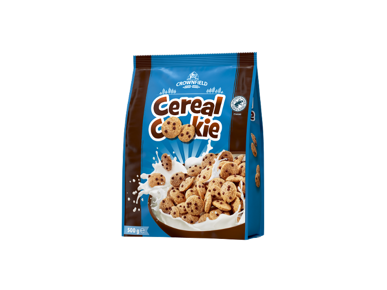 Ambalaj de cereale sub formă de biscuiți cu bucăți de ciocolată, scufundate în lapte.