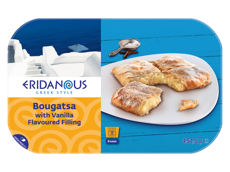 Bougatsa grecească congelată cu umplutură aromată de vanilie, 457,5g.