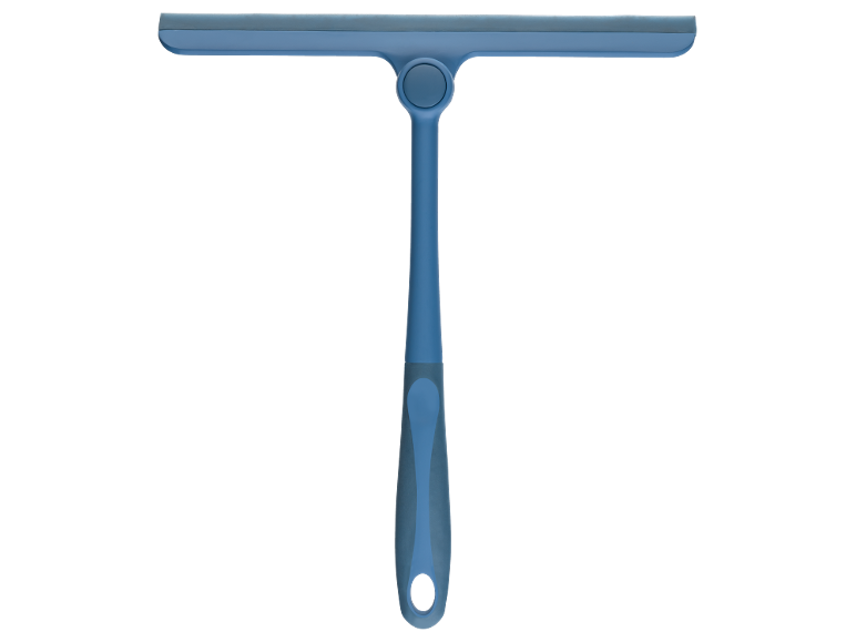 Racletă albastră pentru geamuri cu mâner ergonomic și lamă de cauciuc gri.