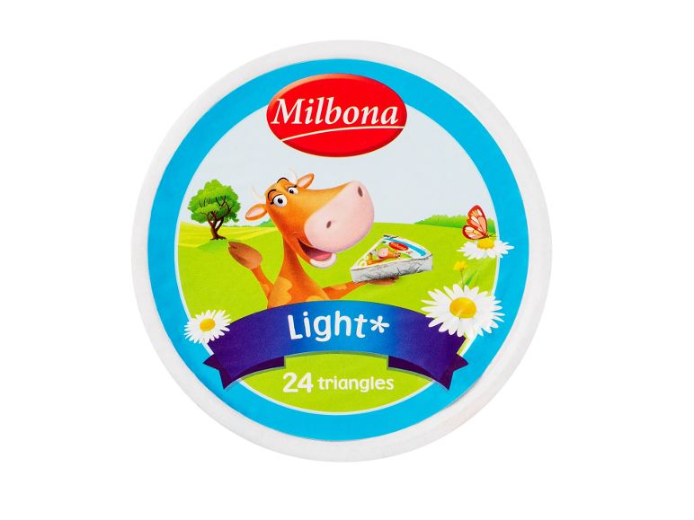 Ambalaj de brânză topită light cu o vacă de desene animate, textul „Light” și „24 triangles”.