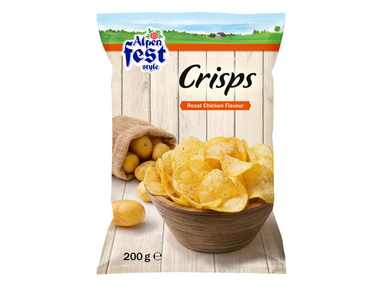 Pachet de chipsuri cu aromă de pui fript, cu cartofi și un bol de chipsuri.
