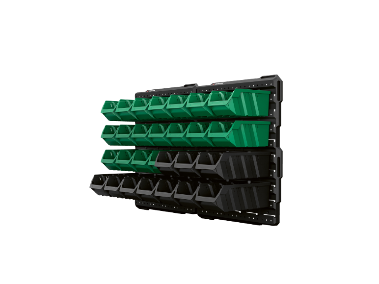 Raft de perete PARKSIDE cu cutii de depozitare verzi și negre