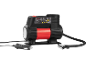 Mini-compresor negru și roșu cu priză de 12V și furtun de aer.