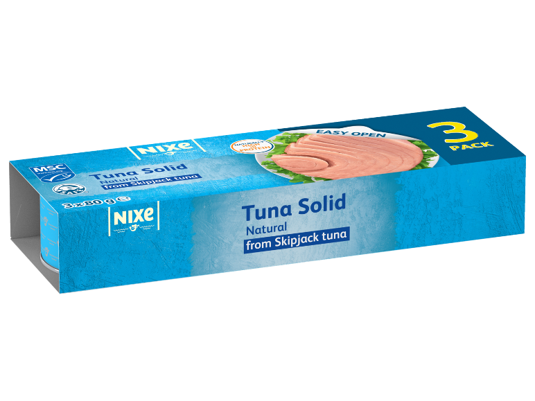 Pachet de 3 conserve de ton skipjack natural, bogat în proteine, deschidere ușoară.