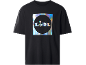 Tricou negru cu mânecă scurtă cu un logo irizat în centru.