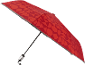 Umbrelă roșie cu model geometric de cercuri, pătrate și triunghiuri.