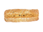 Pâine ciabatta cu măsline, presărată cu făină, pe fundal alb.