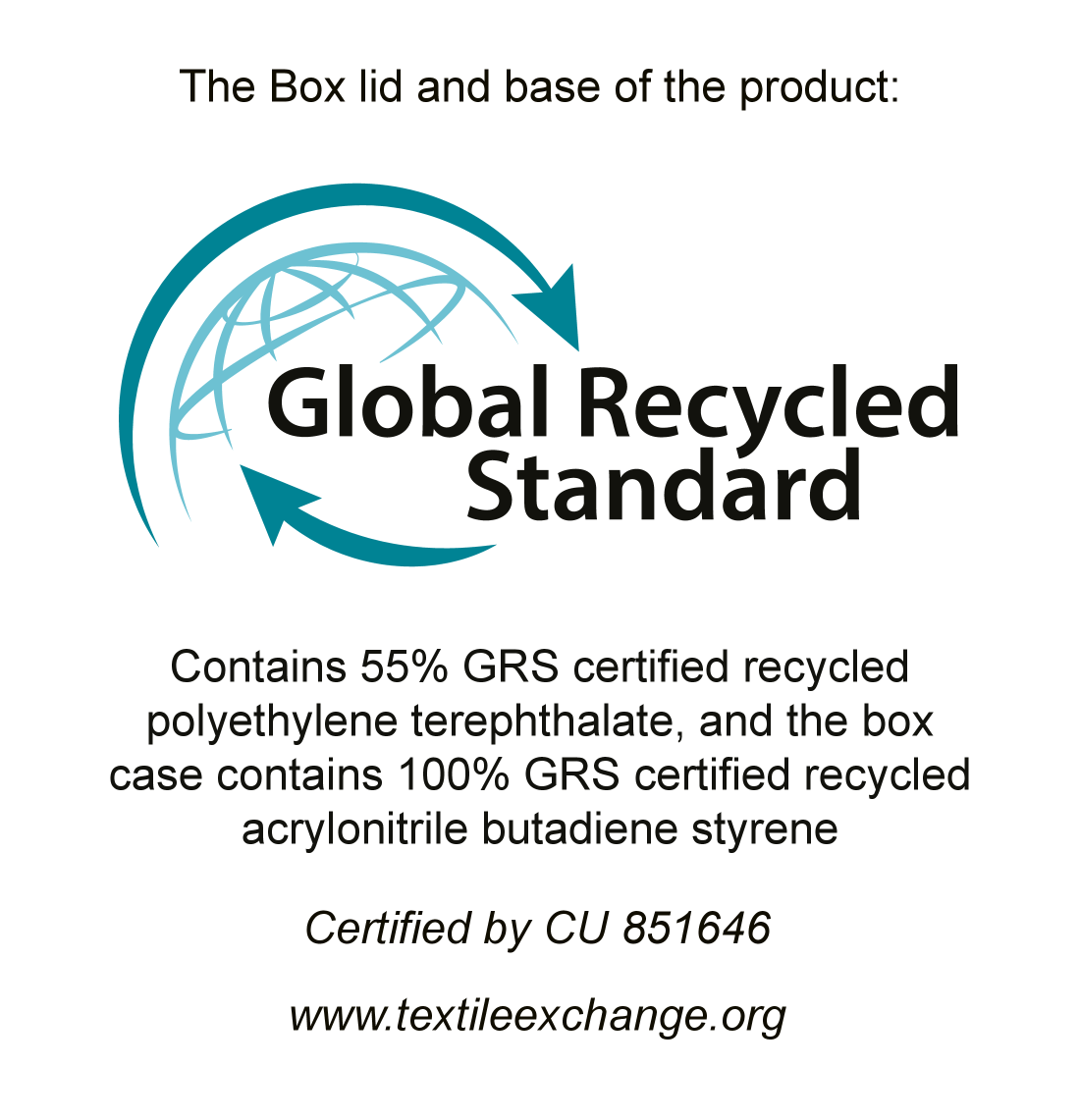 Etichetă Global Recycled Standard: 55% PET reciclat, 100% ABS reciclat. Certificat CU 851646.