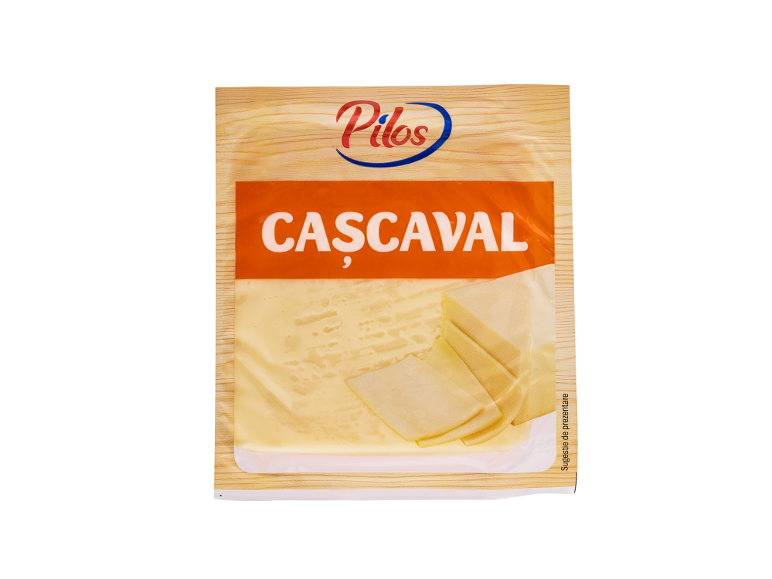 Ambalaj de cașcaval feliat, cu textul „CASCAVAL”.