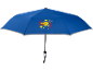 Umbrelă albastră cu un design de forme geometrice colorate și un logo în centru.