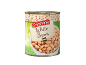 Conservă de fasole albă cu eticheta „White Beans” și un fundal verde.