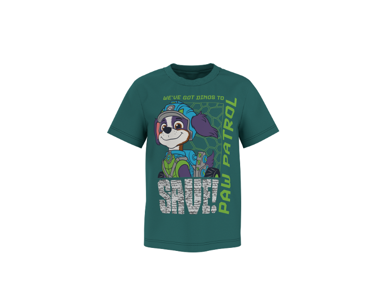 Tricou verde cu un cățeluș de desene animate și textul „WE'VE GOT DINOS TO SAVE!” și „PAW PATROL”.