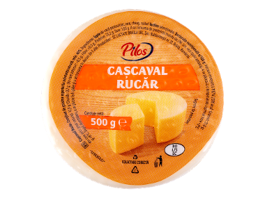 Ambalaj rotund de brânză galbenă cu două bucăți de brânză și o indicație de greutate de 500 g.