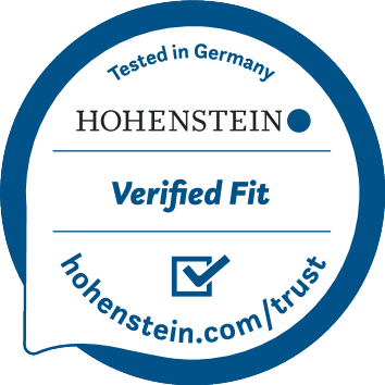 Sigiliu 'Tested in Germany', 'Verified Fit', cu adresa web 'hohenstein.com/trust'.