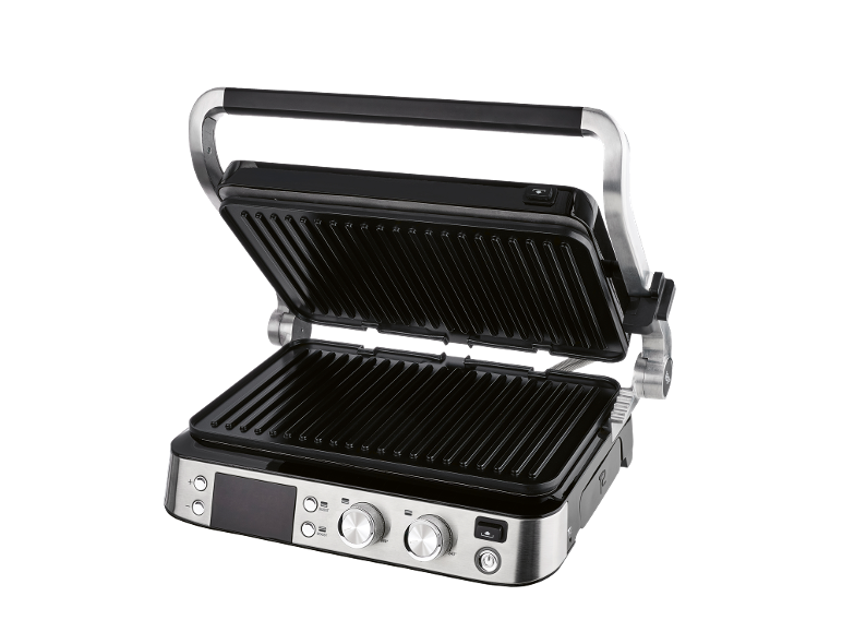 Grill electric deschis cu plăci striate și panou de control digital.