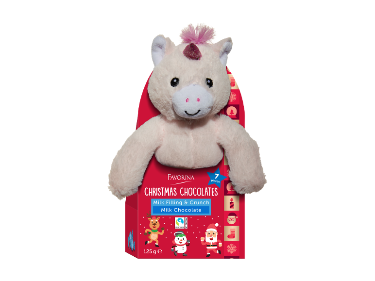 Ciocolate de Crăciun cu umplutură de lapte și crocant, cu o jucărie de pluș unicorn.