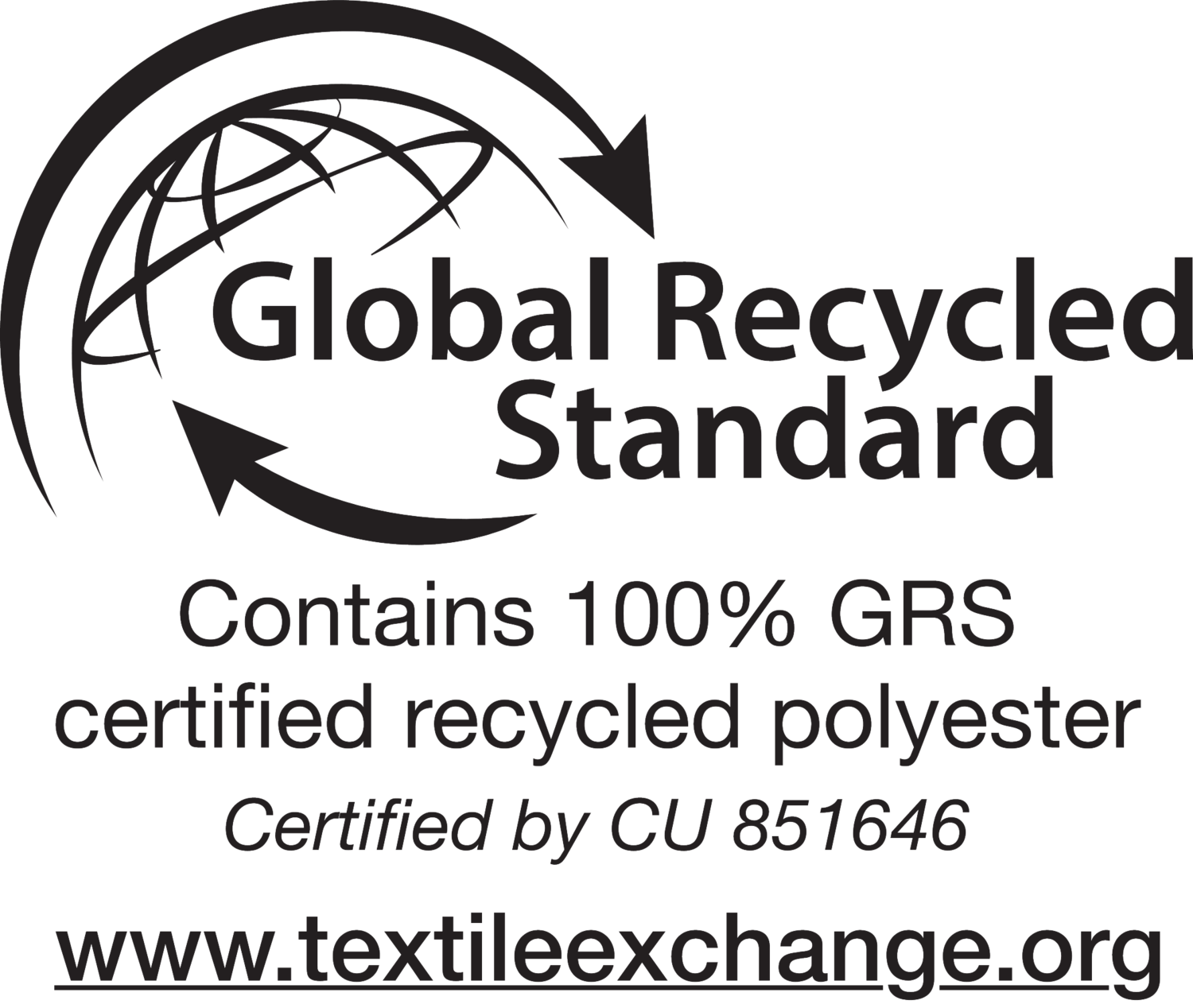 Sigiliu Global Recycled Standard: Conține 100% poliester reciclat certificat GRS, certificat de CU 851646.
