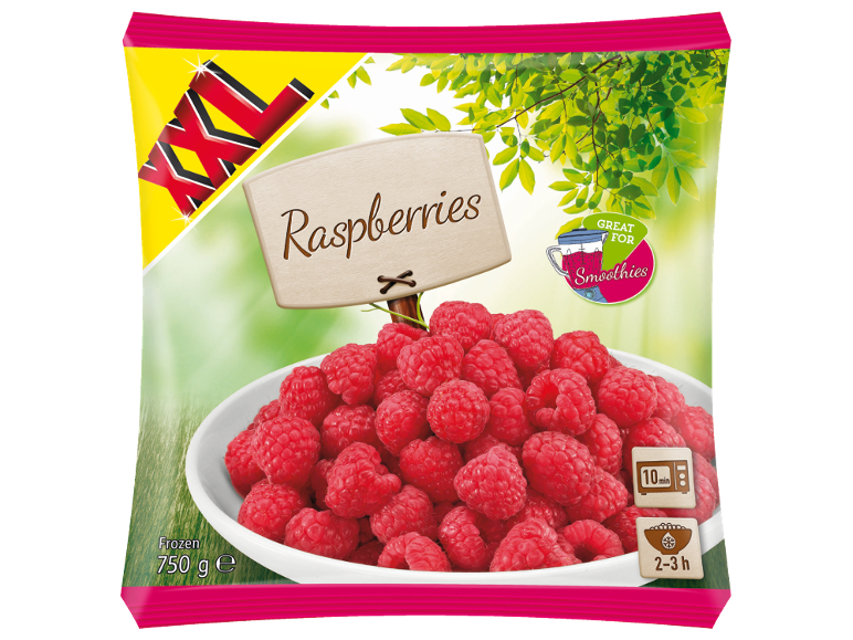 Pungă XXL de zmeură congelată, ideală pentru smoothie-uri, cu instrucțiuni de preparare.