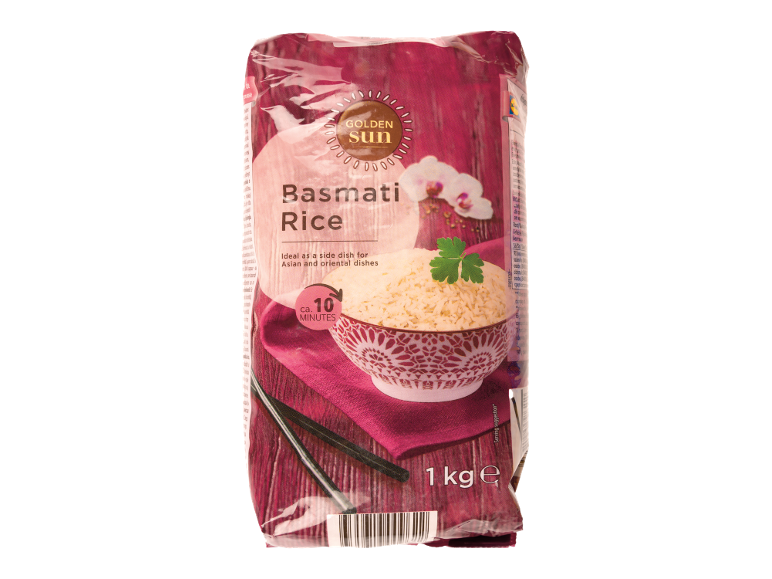 Ambalaj de orez basmati cu un bol de orez, bețișoare și orhidee.