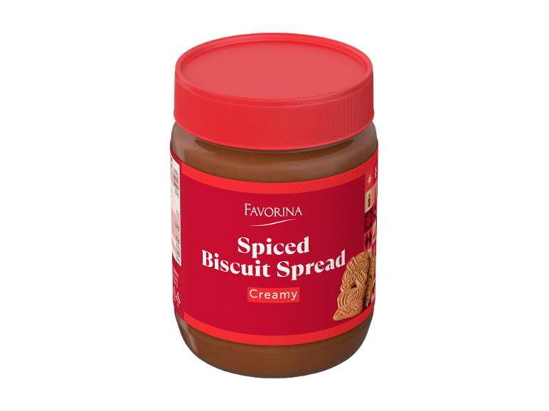 Borcan cu cremă tartinabilă de biscuiți condimentată, cu capac și etichetă roșii, cu biscuiți.