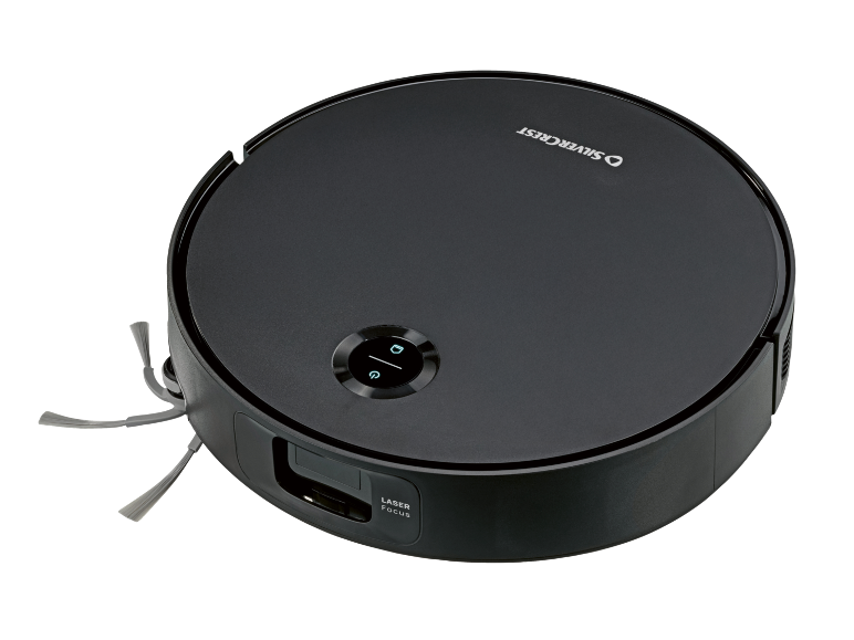 Aspirator robot rotund negru cu butoane de control și perii laterale.