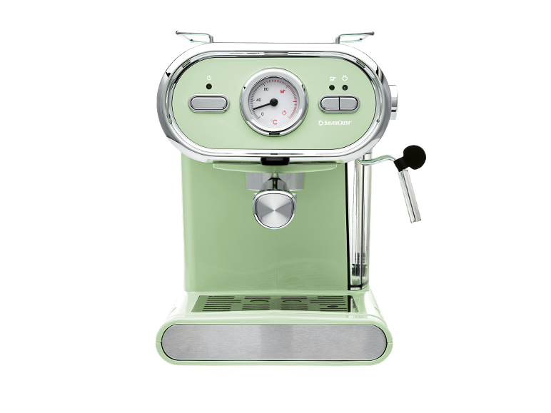 Espressor verde deschis, stil retro, cu detalii cromate și indicator de temperatură.