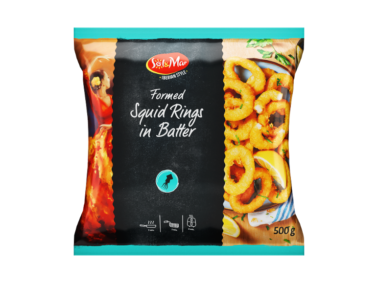 Inele de calamar formate congelate în aluat, stil iberic, cu instrucțiuni de gătire și greutate de 500g.
