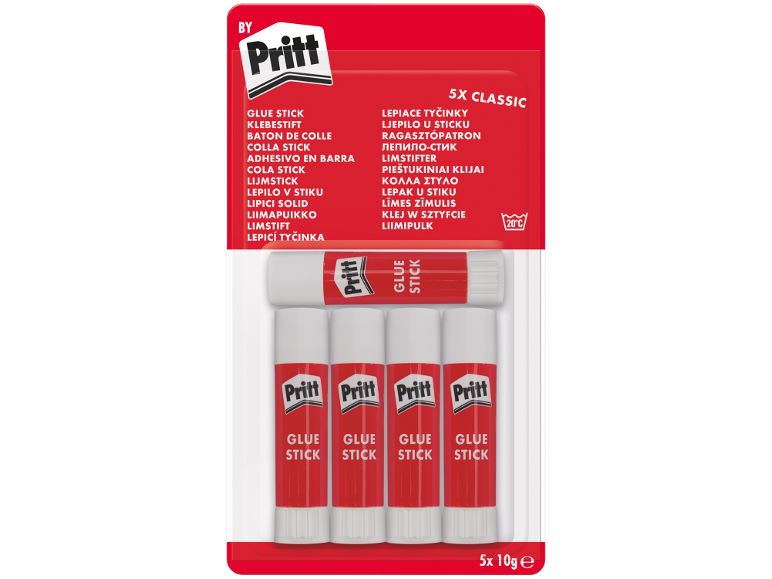Pachet de cinci batoane de lipici roșii de 10g fiecare, etichetate «GLUE STICK».