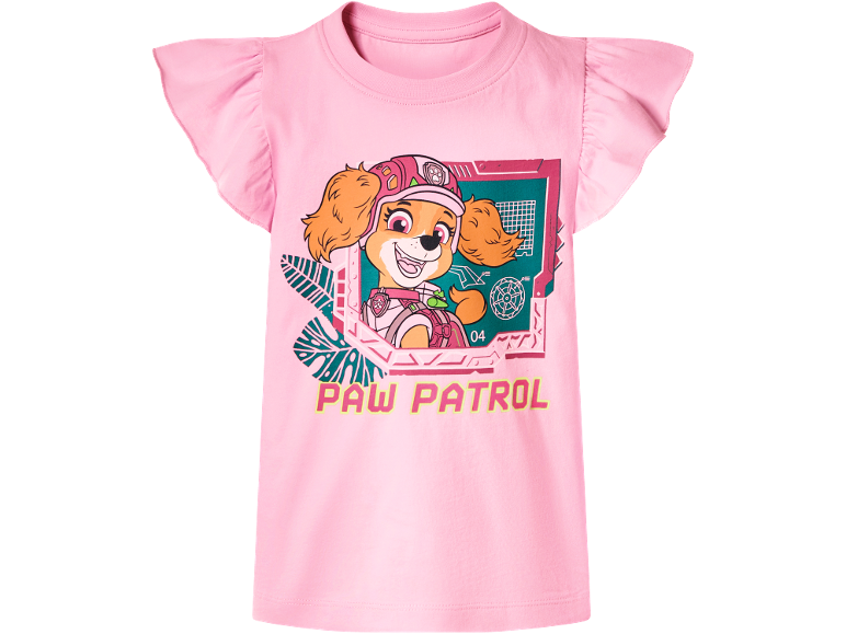 Tricou roz cu mâneci scurte cu volane și imprimeu Skye din Patrula Cățelușilor