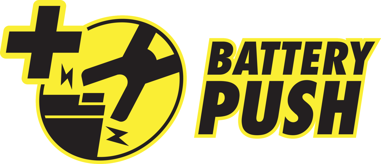 Logo galben și negru cu un simbol de baterie și textul „BATTERY PUSH”.