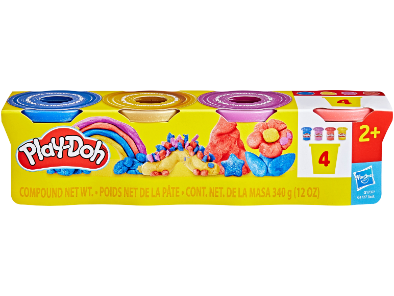 Pachet de plastilină cu 4 recipiente metalice și creații colorate, greutate netă 340g.