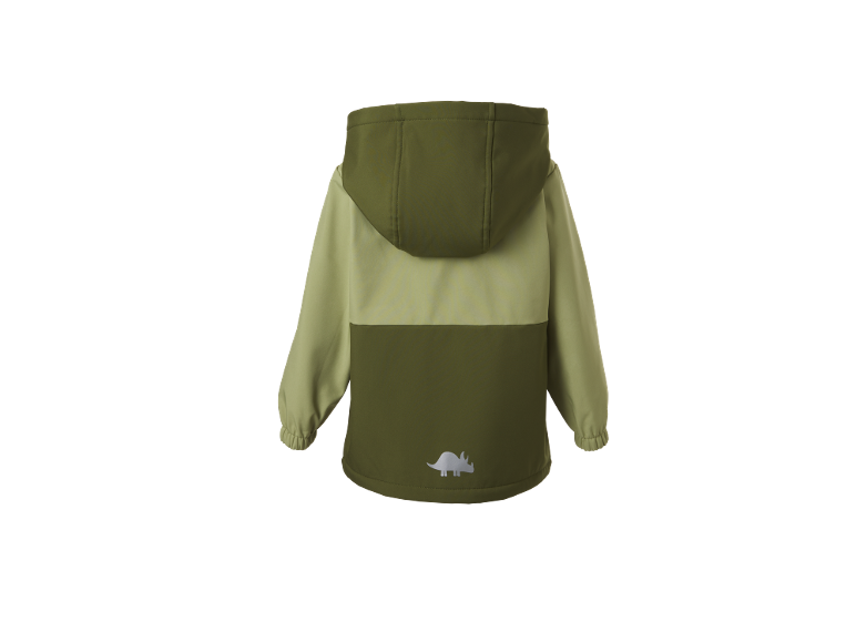 Jachetă softshell bicoloră verde pentru copii, cu imprimeu dinozaur pe spate.