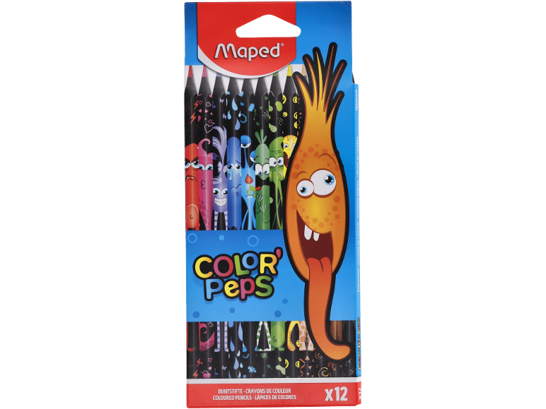 Cutie cu 12 creioane colorate cu desene de monștri și text „COLOR Peps”.