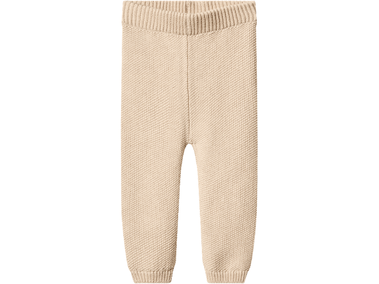 Pantaloni tricotati bej pentru bebeluși, cu talie și manșete striate.