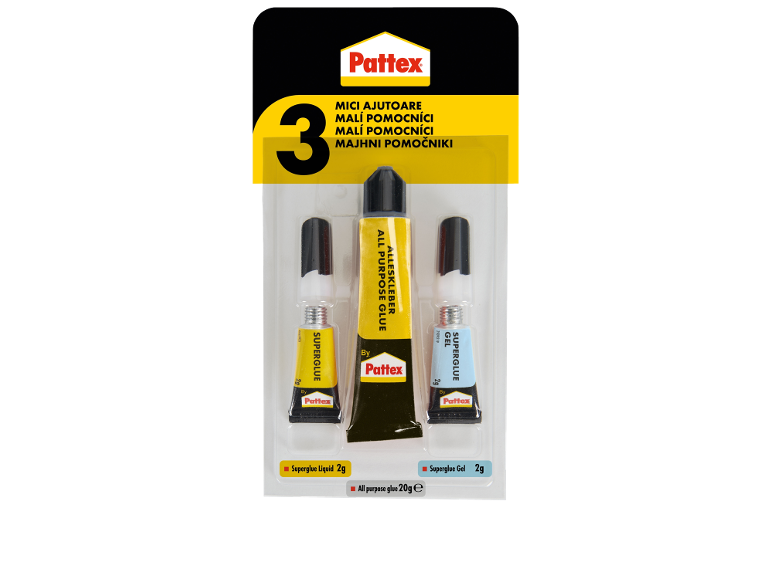 Pachet de 3 adezivi: lipici universal de 20g, superglue lichid de 2g și superglue gel de 2g.