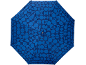 Umbrelă albastră cu model geometric de cercuri, triunghiuri și pătrate.