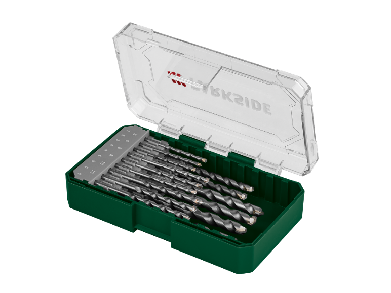 Set de burghie pentru zidărie într-o carcasă verde cu capac transparent, vedere de sus.