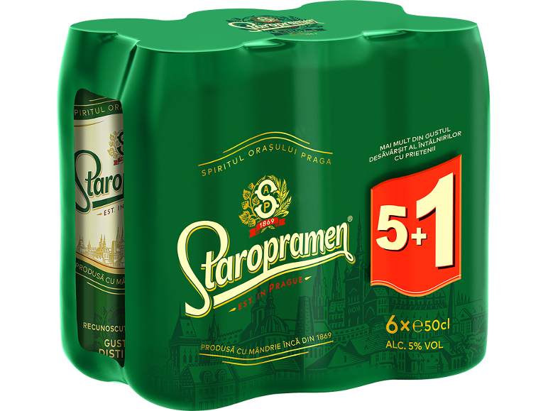 Pachet de șase doze de bere, cu ofertă 5+1 și 5% alcool.