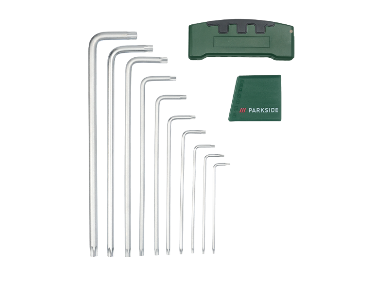 Set de 9 chei Torx în formă de L într-un suport verde.