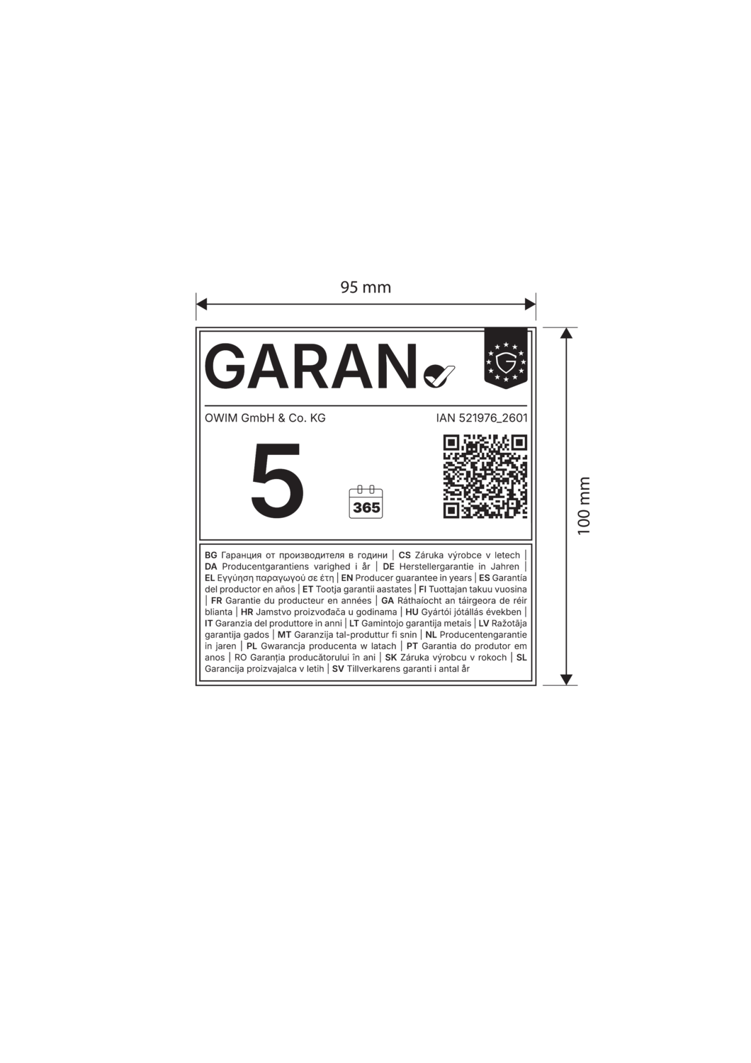 Garanție 5 ani, 365 de zile, dimensiuni 95 mm x 100 mm.