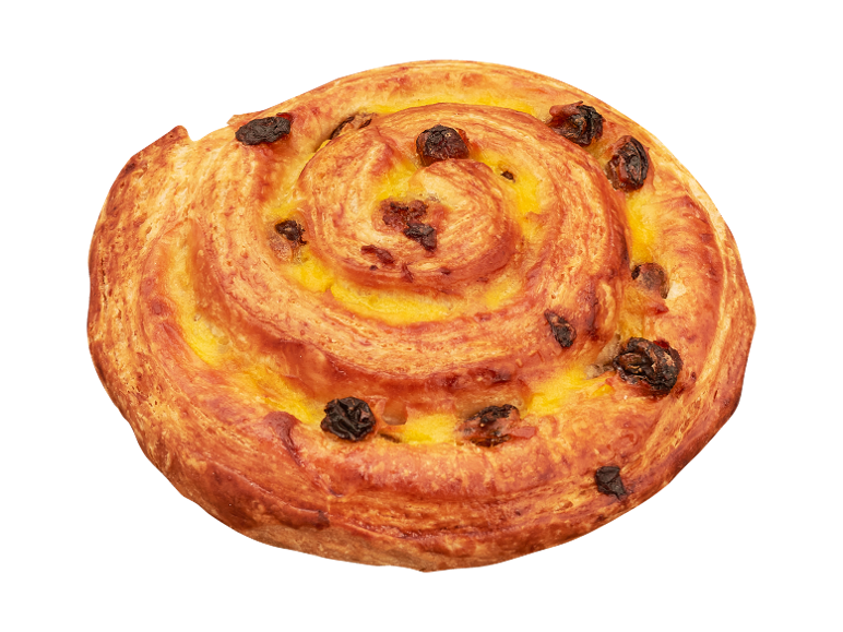 Pain aux raisins auriu-maroniu cu umplutură cremoasă galbenă și stafide închise.